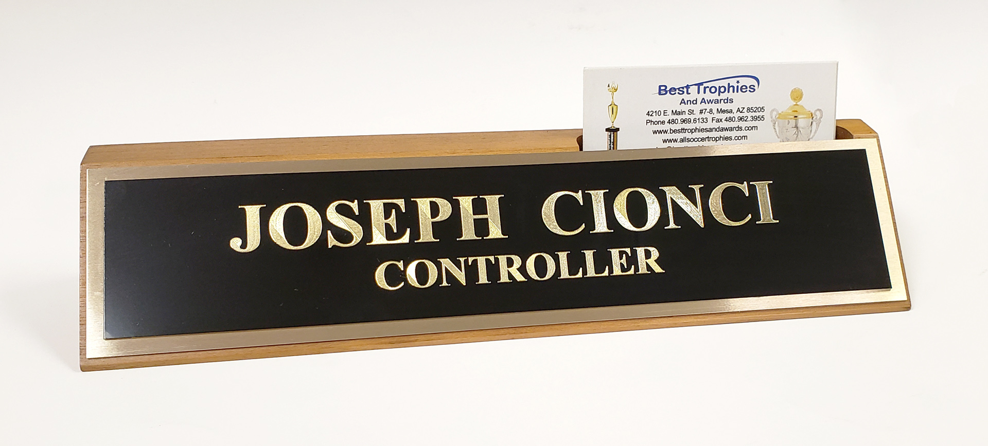 Walnut Desk Name Plate With Business Card Holder And Black Brass