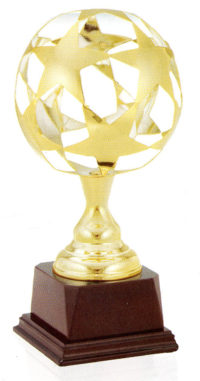 Open Gold Star Soccer Ball Trophy on rosewood base