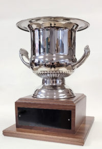 13 Inch Tall Silver Plated Stainless Steel Wine Cooler Cup on Walnut Base